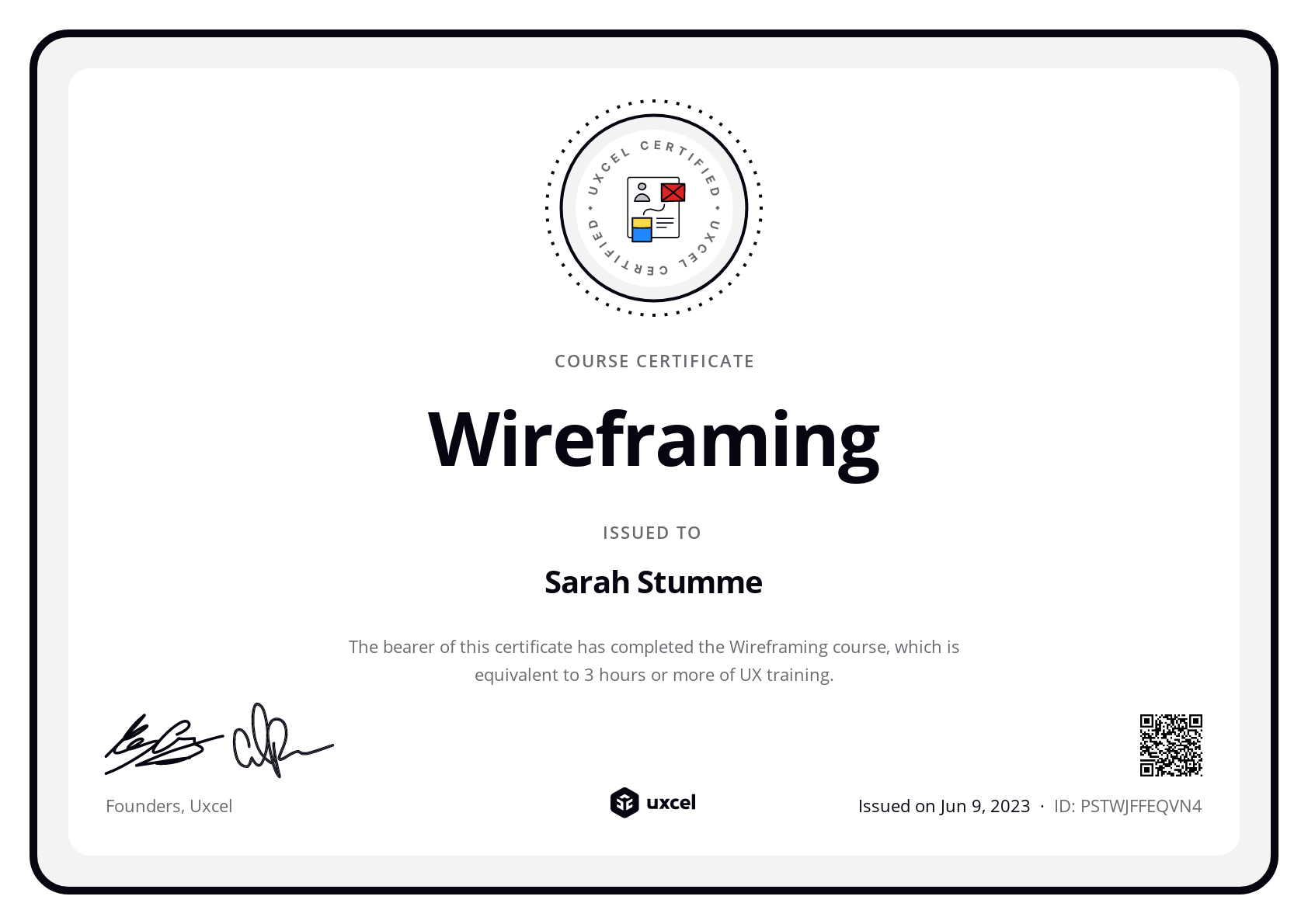 Sarah Stumme's certificate